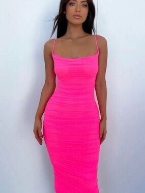 Neon Pink Ruched Midi Dress with Spaghetti Straps - Women- Linda Midi Dress